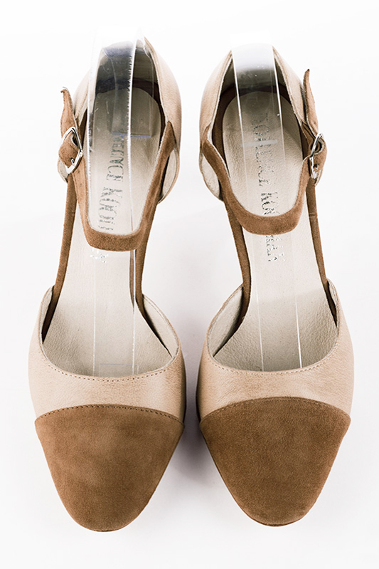 Caramel brown and powder pink women's open side shoes, with an instep strap. Round toe. High slim heel. Top view - Florence KOOIJMAN